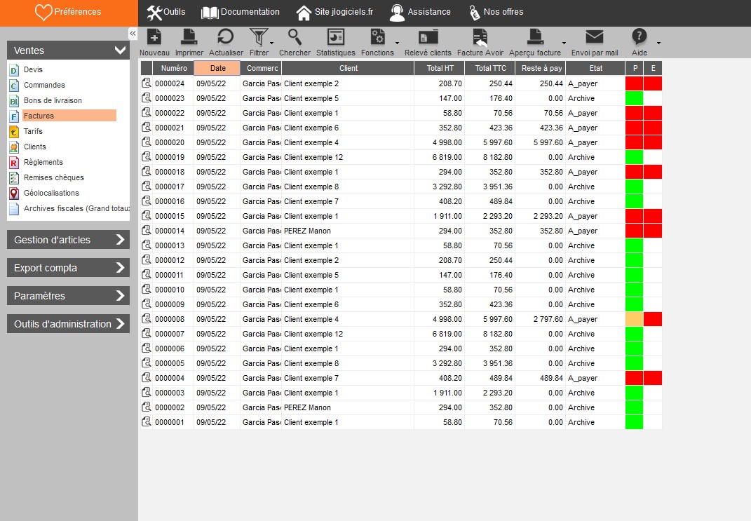 Menu du logiciel Ventes